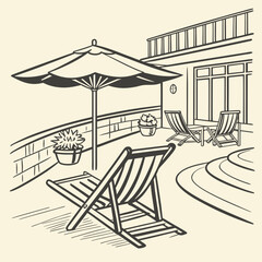 Hand drawn beach shears with umbrella. Doodle vector vintage sunbed illustration. Pool, hotel resort, lounge outdoor furniture. Sun shadow seat with parasol. Sea vacation design element