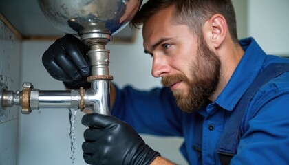 Bearded man in blue overalls and black gloves fixes leaky pipe under sink. Water drips from joint causing small flood. Plumber works on drain system repair.