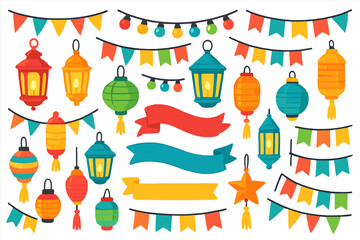 Colorful decorations including lanterns, banners, and ribbons for a festival or celebration in a vibrant setting