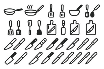 Collection of kitchen tools and utensils arranged in patterns on a white background for cooking and food preparation tasks