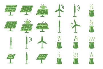 Different types of renewable energy sources and their symbols shown in green colors with various designs for easy recognition