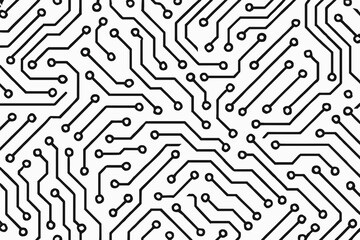 Computer circuit design shows connections and patterns typical in electronics in black and white on a plain background