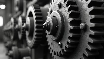 Monochrome gears, cogs machine, close up view. Industrial mechanical parts detail shows old vintage machinery in workshop. Grunge surface texture, black, white. Metal machine elements for factory