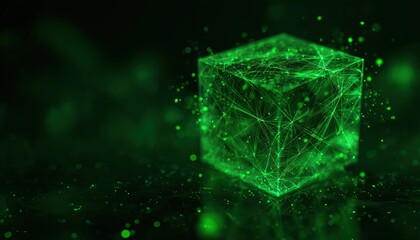 Digital Connections In A Green Sci-Fi Cube With Particle And Technology Network Connection On A World Ai. Wireframe Cube With Blockchain Encryption.