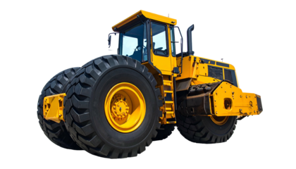 Yellow industrial roller machine with massive tires, isolated on a black background
