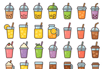 Different types of drinks displayed in a grid with various colors and containers