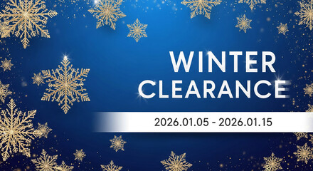 Blue background with golden snowflake illustration, representing a winter season sale event or promotion, inviting a sense of festive holiday cheer
