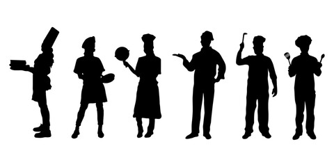 Vector set of chef and cook silhouettes in various poses with kitchen utensils. Perfect for restaurant branding, culinary design, menus, food industry graphics, logos, and educational materials