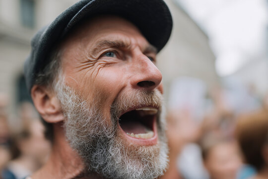 A man with a gray beard and a black hat is laughing