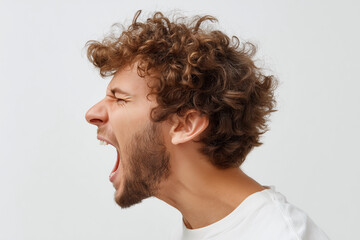 Fototapeta premium A man with a beard and curly hair is yelling