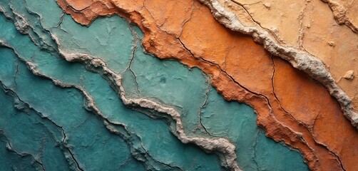 Naklejka premium Abstract layered stone texture in orange green and beige colors. Rough cracked surface design evokes feelings of earthiness. Natural stone background for artistic projects and websites.