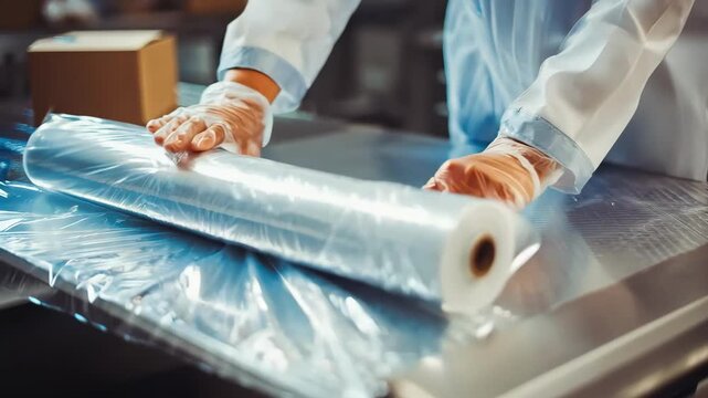Medium shot of a professional carefully wrapping fragile items with protective materials in a custom packaging service facility.