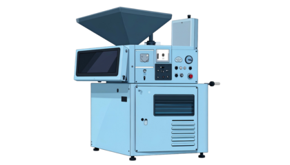 Blue industrial machine with hopper, control panel, and vents; side view