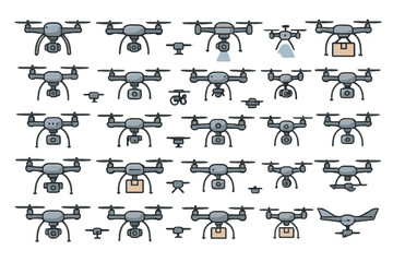 Different types of drones used for various tasks like delivery, photography, and surveillance in different settings
