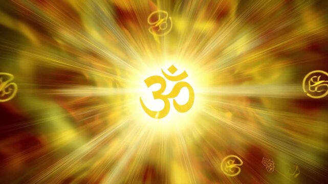 Om symbol glowing in radiant golden spiritual energy light representing divine meditation mantra vibration cosmic power aura enlightenment sacred Hindu harmony universe consciousness