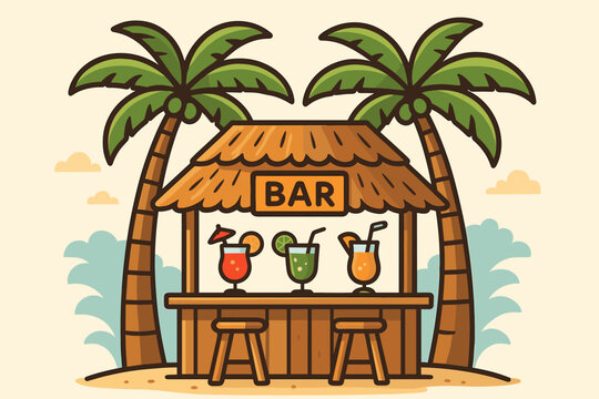 Tropical bar offers drinks under palm trees with bright colors and summer vibes