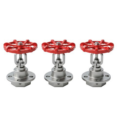 Three stainless steel industrial valves with red handwheels