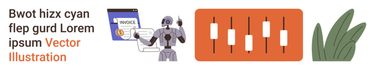Automation tools, artificial intelligence, finance, trading, technology, eco-design. A robot managing a financial invoice, trading chart and decorative leaves. Automation tools and artificial