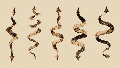 Hand-Drawn Doodle Spiral Arrows With Quirky Twist, Curved Wave Design. Unique And Creative Handmade Arrow Illustrations For Various Projects.