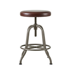 Industrial adjustable metal stool with round cushioned seat on transparent background