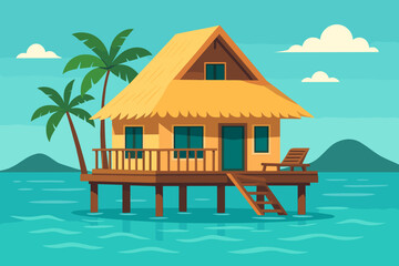 Obraz premium Wooden house on stilts surrounded by water with palm trees in tropical setting and mountains in background during sunny day