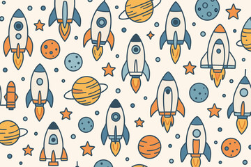 Colorful rockets and planets in a space pattern design for toys and children's products