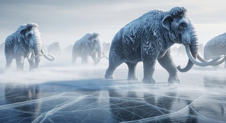 Massive Woolly Mammoth Herd Crossing Frozen Plains During Snowstorm With Dramatic Wind Effects