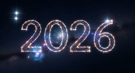 Happy new year celebration sign with neon light illustration and fireworks vector design