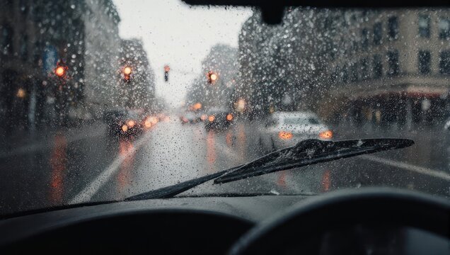 Rainy Day Drive - A View Through the Windshield.