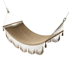 Natural woven hammock with wooden spreader bars and decorative tassels