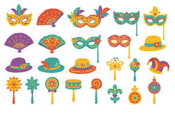 Colorful masks and accessories displayed for a festive celebration during a cultural event or carnival in an outdoor setting