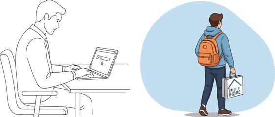 Outline Illustration of a Person Typing on a Laptop and a Student with a Backpack