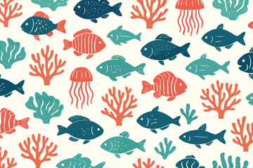 Colorful sea life with fish and corals in a patterned design for decorating or educational purposes