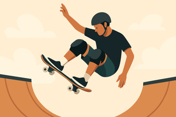 Obraz premium Skateboarder performs a trick in a skatepark during the afternoon sunshine with clouds in the background and concrete ramps