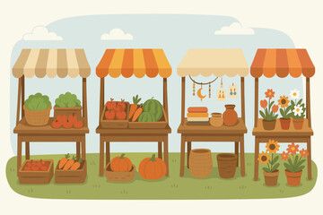 Obraz premium Market scene with stalls selling fruits, vegetables, and flowers during a sunny day in a rural setting