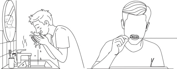 Monochrome Line Art Illustration of Male Morning Hygiene Routine
