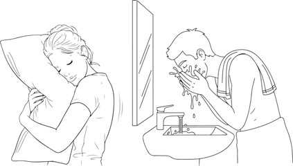 Monochrome Vector Line Art Showing Daily Sleep and Wash Routines