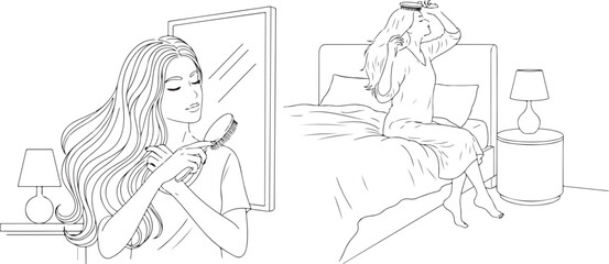 Line Art Illustration of Woman Brushing Hair in Bedroom, Self-Care Routine.