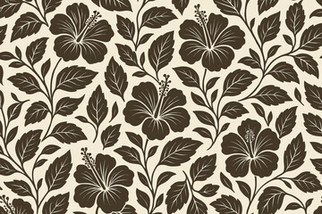 Black and beige floral pattern with hibiscus flowers and leaves on a light background