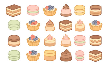 Desserts and sweet treats arranged in a grid with various types of cakes and pastries on a white background