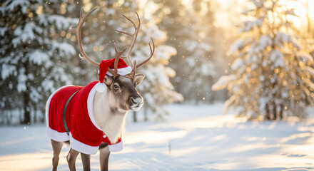 Reindeer in a red costume and hat in a snowy forest, representing festive spirit, holiday season and winter wonderland atmosphere for Christmas theme