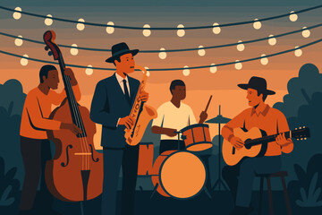 Fototapeta premium Musicians perform at outdoor event during sunset with string lights in the background and audience enjoying the music