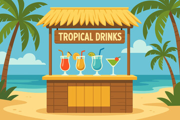 Obraz premium Tropical drink stand on a beach with colorful beverages and palm trees in the background