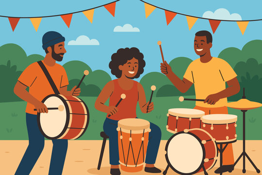 Group of people playing drums at outdoor festival in sunny weather