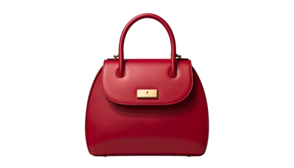 Vivid, glossy, red handbag with top handles, gold hardware, and a curved flap on black