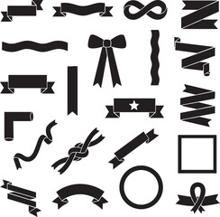 Fototapeta premium Black Silhouette Paper Ribbons Set Short Curled Ribbon with Pointed Ends and Long Wavy Ribbon EPS Illustration