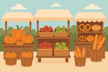 Fruits vegetables and baked goods at a local market during sunny weather
