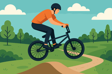 Biker rides over dirt ramp in green park under blue sky during sunny day with fluffy clouds