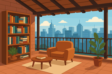 Cozy reading nook with a view of the city skyline and bookshelves filled with books