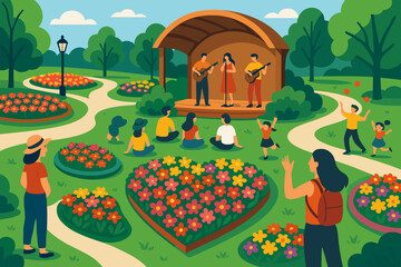 People enjoy music in a park with colorful flowers and a small stage during a sunny day with blue skies